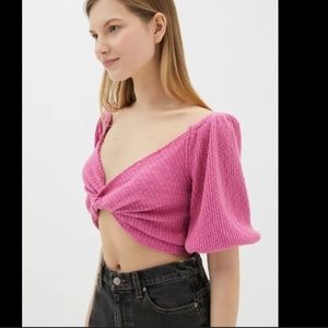 UO Summer Twist Front Pink Crop Top Puff Sleeves XS
